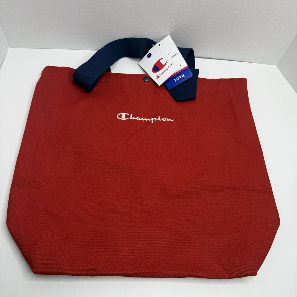 Champion Tote Bag Red Navy Canvas Snap Closure Large 17x16 New